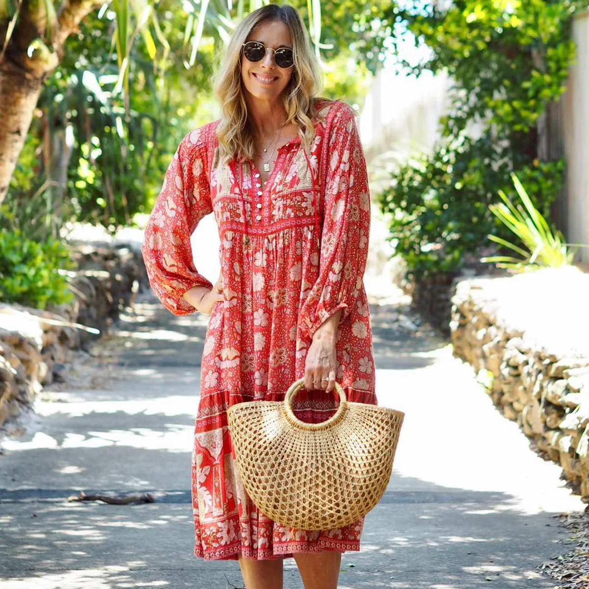 

Jastie Summer Gypsy Floral Print Dress Red Poinciana Gown Dresses V-Neck Button Women Dresses Casual Beach Boho Dress Vestidos