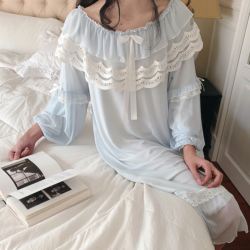 

Vintage Lace Nightgown Autumn Women Long Sleeve Nightdress Retro Sleepwear Modal Lace Homewear Dress Girl Light Blue Pink