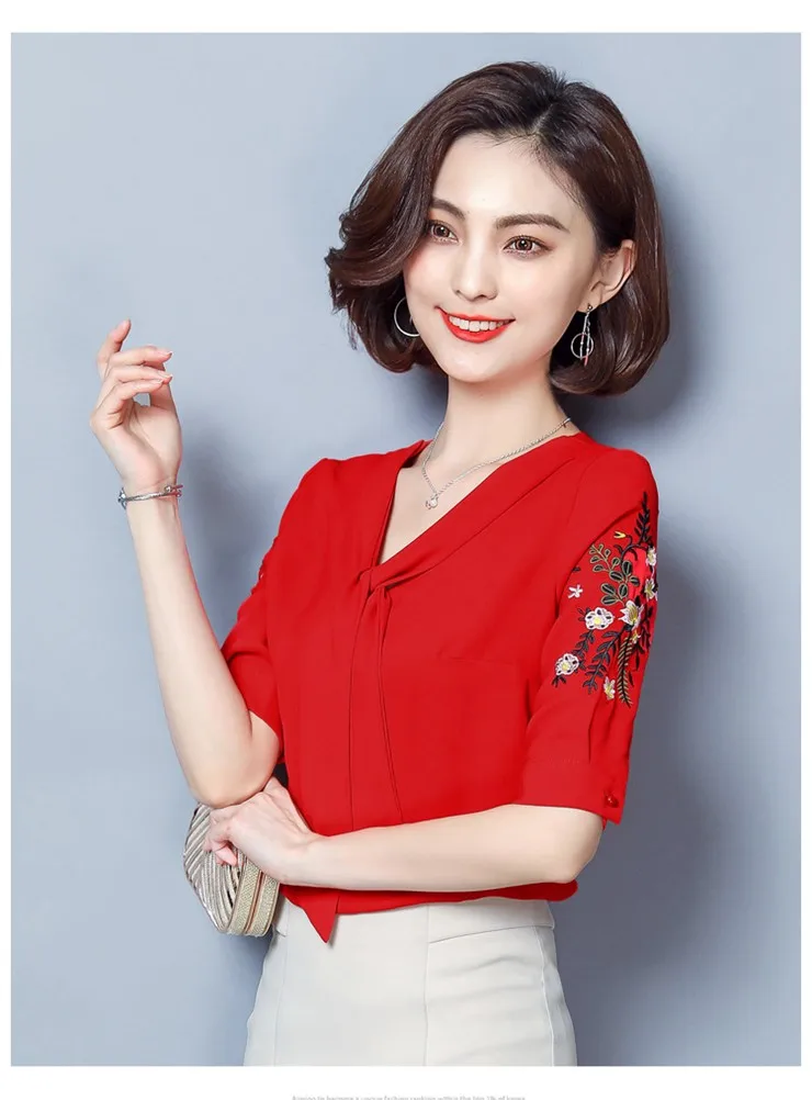 2018 New Arrival Lady Blouse Summer Fashion Shirts Floral Embroidered Tops Plus Size Short Sleeve Office Chiffon Blusas Feminina (6)