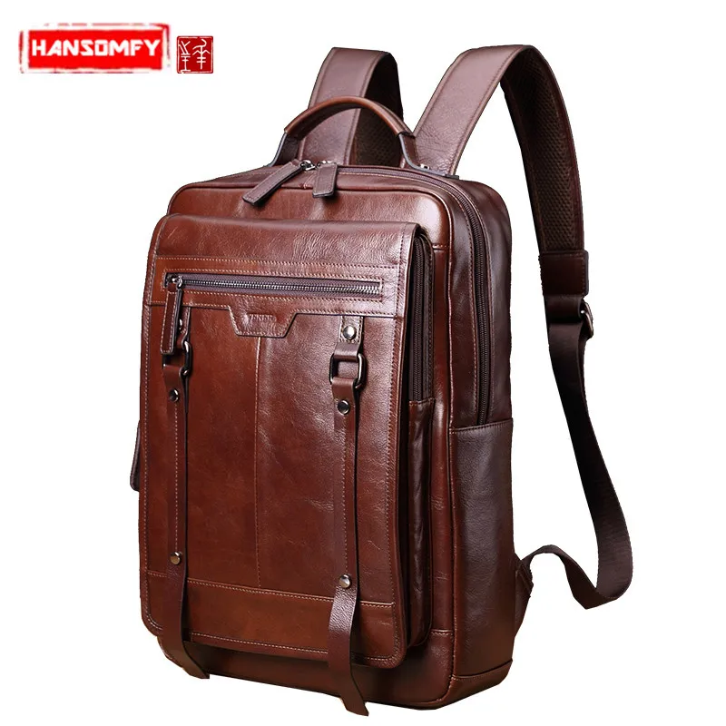 New Genuine leather Men's backpack retro casual 15\