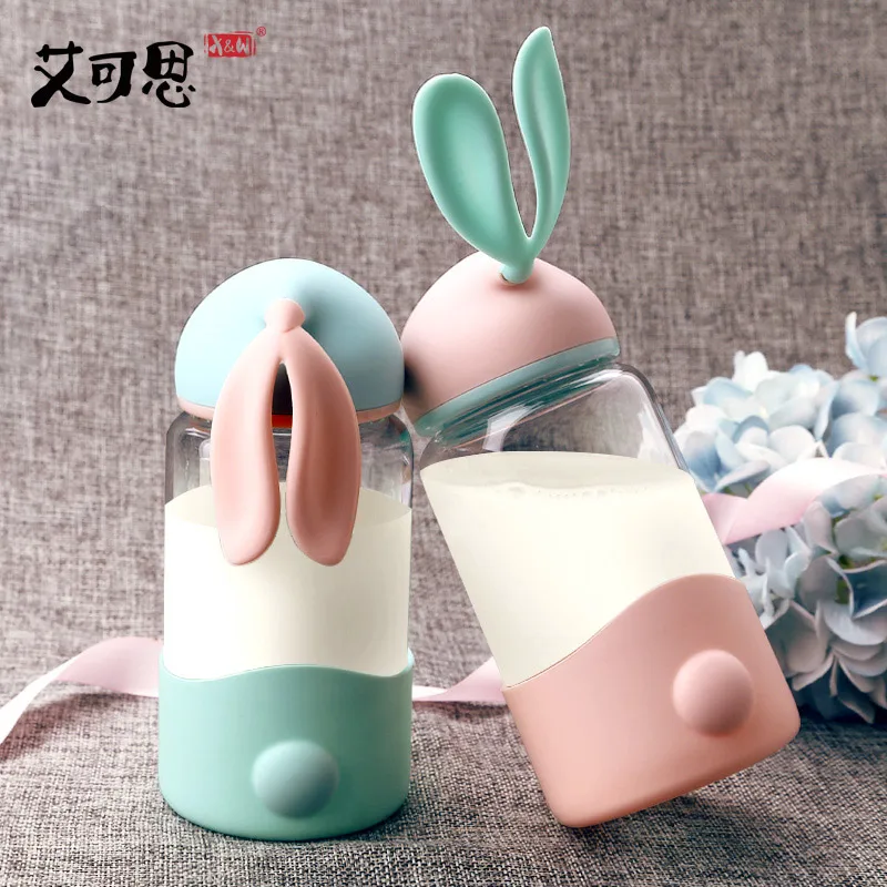 Новинка, стеклянная бутылка с милыми кроличьими ушками, детская чашка для молока, бутылка для питьевой воды, герметичный стакан, удобная посуда для напитков в форме героев мультфильмов