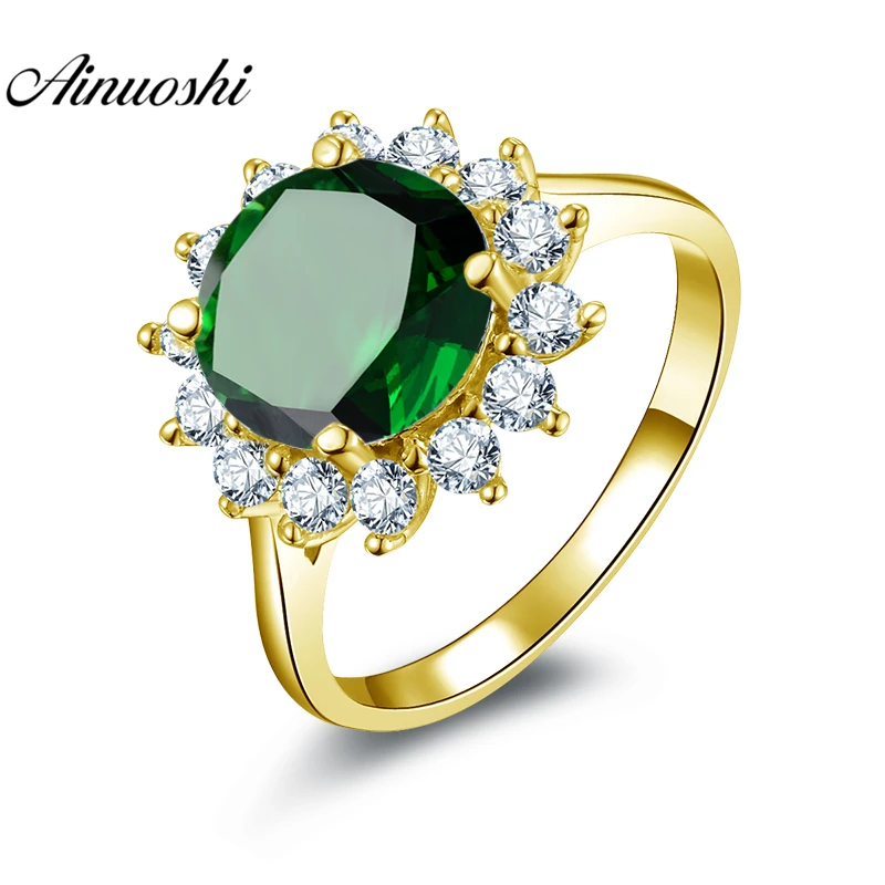 

AINUOSHI 10K Solid Yellow Gold Halo Ring 2.7ct Round Cut Dark Green Stone Ring Luxury Wedding Engagement Jewelry Gift Women Ring