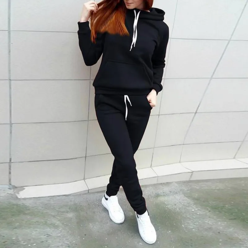 

Women's tracksuits Female Fleece Rope Hooded 2pcs Set Casual Winter Autumn Tie Suit Tracksuit For Women