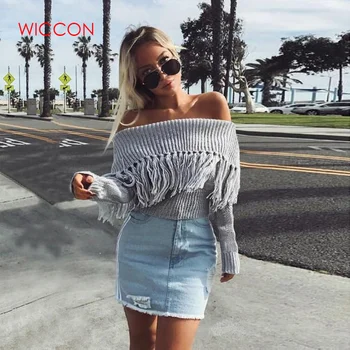 

Spring And Autumn Fashion Sexy Tassel Word Shoulder Back Female Solid Color Pullover Sweater Woman