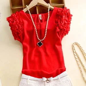Шифоновая Блузка, рубашка с милыми оборками без рукавов, летний топ, новинка, женские блузки с круглым вырезом, корейская мода, женская одежда для фитнеса - Цвет: red