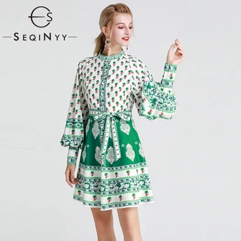 

SEQINYY Bohemia Dress 2020 Summer Spring New Fashion Design Long Lantern Sleeve Green Vintage Printed Loose Mini Dress Women