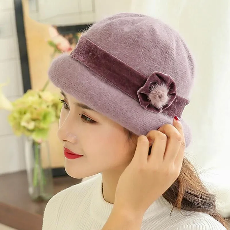 

New Winter Hat Sets For Women Warm Knitted Floral Skullies Solid Color Wool Mixed Rabbit Fur Beanies Baggy Headwear Cap