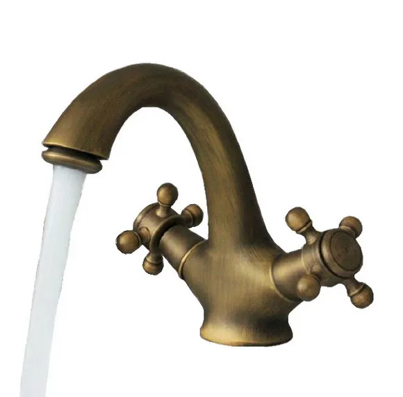 Antique Brass Dual Cross Handle Single Hole Bathroom Vanity Basin Mixer