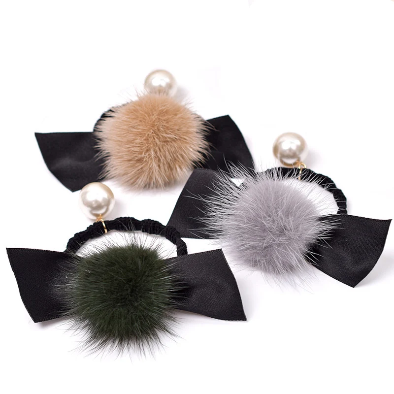

Mink hair ball hair ties head rope 2018 new rubber band bow tie pearl pendant elastic hair bands women fashion hair accessories