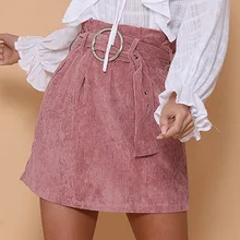 Вельветовая юбка-карандаш Женская Повседневная розовая юбка с О-образным кольцом Пояс Плиссированные винтажные Мини юбки с высокой талией женские короткие обтягивающие ребристые