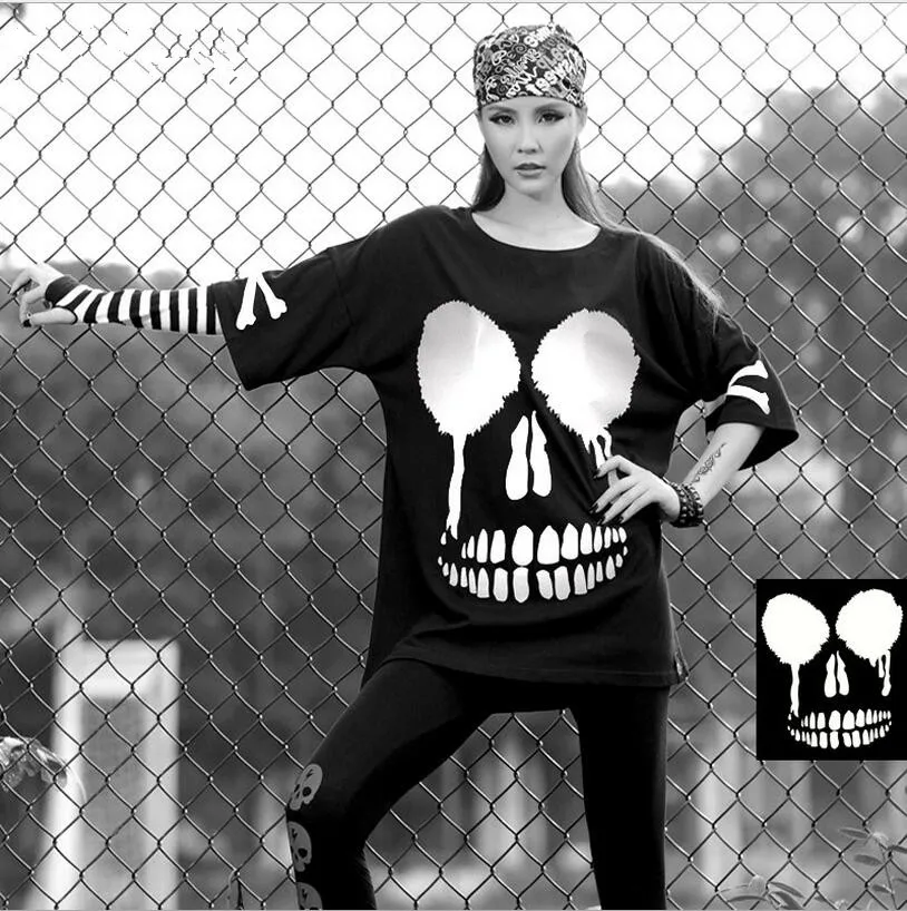 

New Summer Fashion Reflective Skeleton Women T Shirt Skull Hip Hop Rock Dance Clothes Loose Cotton Tops Tee White Black