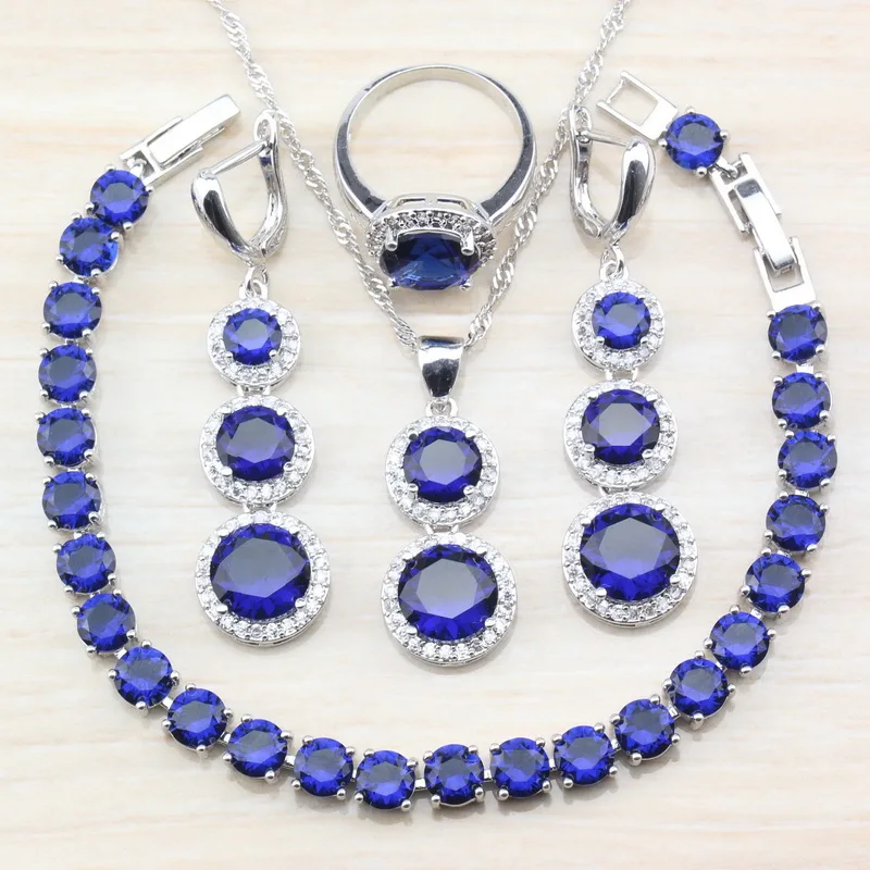 

Noble Women Wedding Party Accessories 925 Sterling Silver Round Blue Zircon 4PCS Jewelry Sets Ring Size 6/7/8/9/10 Bracelet 21CM