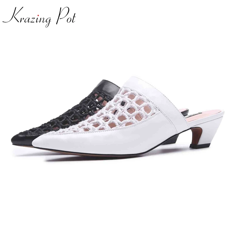 

krazing pot genuine leather handmade woven mesh sandals breathable mules women strange med heels pointed toe summer shoes L62