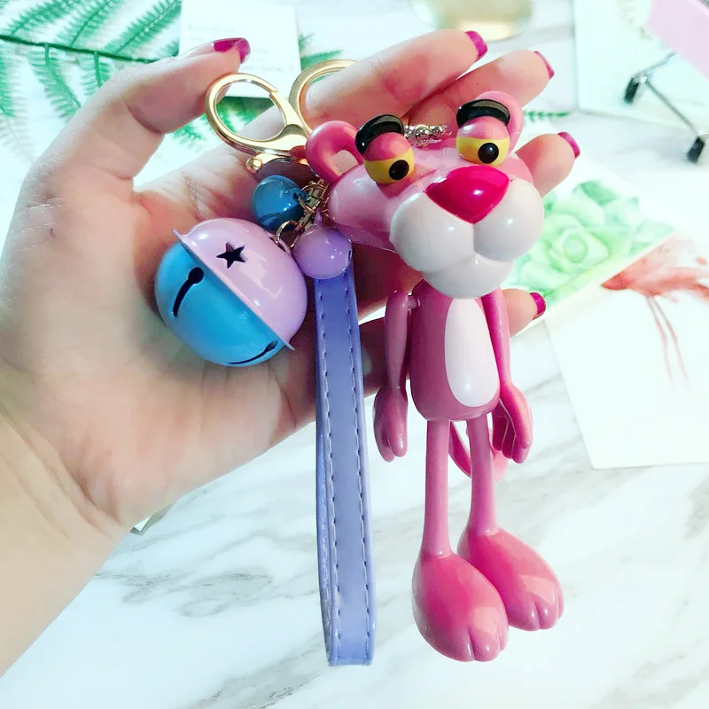 

New Naughty Leo2019 pard Keychain Leather Rope Bells Pendant Cartoon Pink Leopard Key Ring Bag Purse Christmas Unique Gift