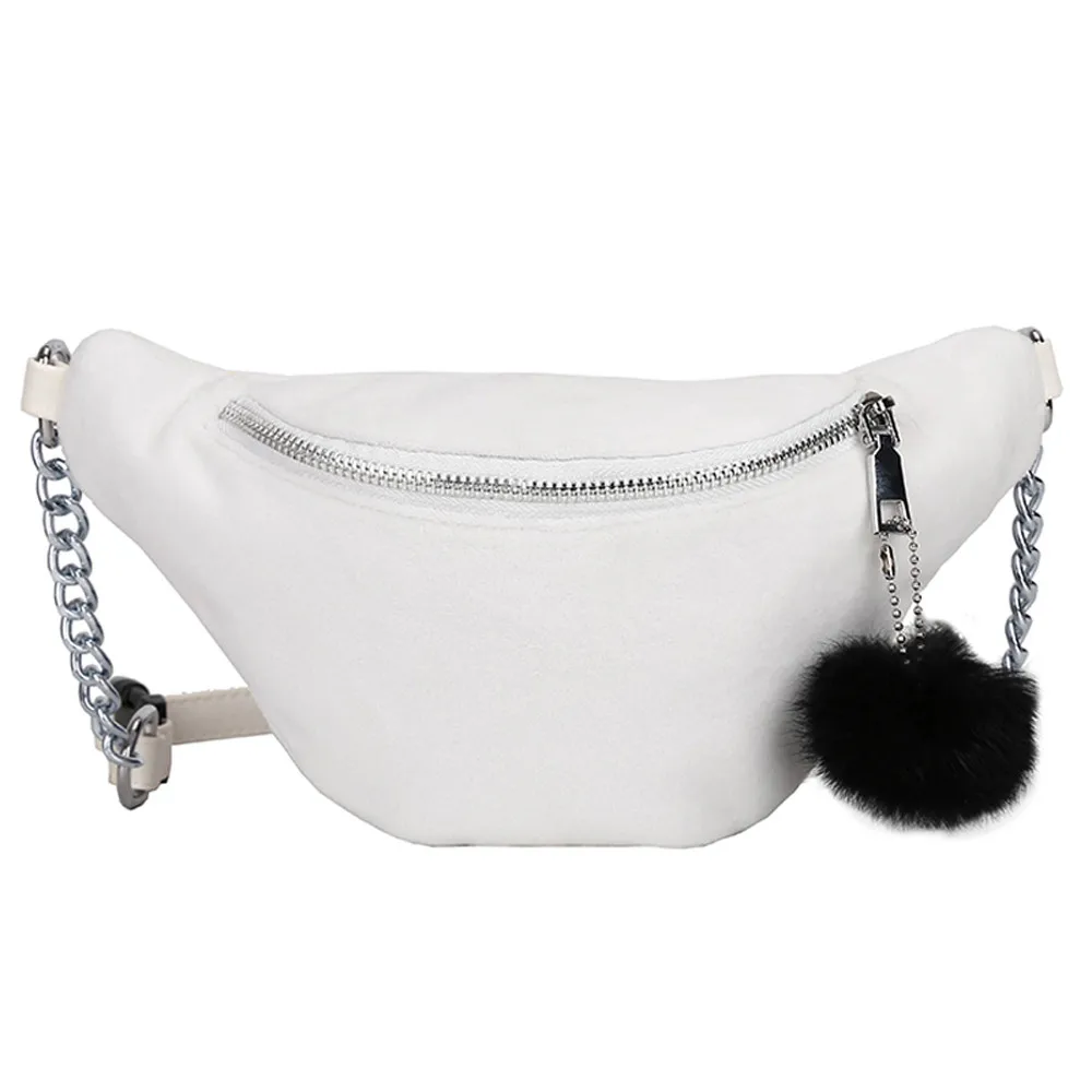 Женская модная нагрудная сумка, поясная сумка, нейтральная Спортивная плюшевая поясная сумка с помпонами, дорожные нагрудные сумки, сумка для телефона - Цвет: Белый
