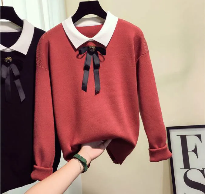 Бургундия Casual Sweet Sweater Women Autumn Spring Knitted Sweater Turn-down Collar Bow Long Sleeve Knitting Pullover - Цвет: Бургундия
