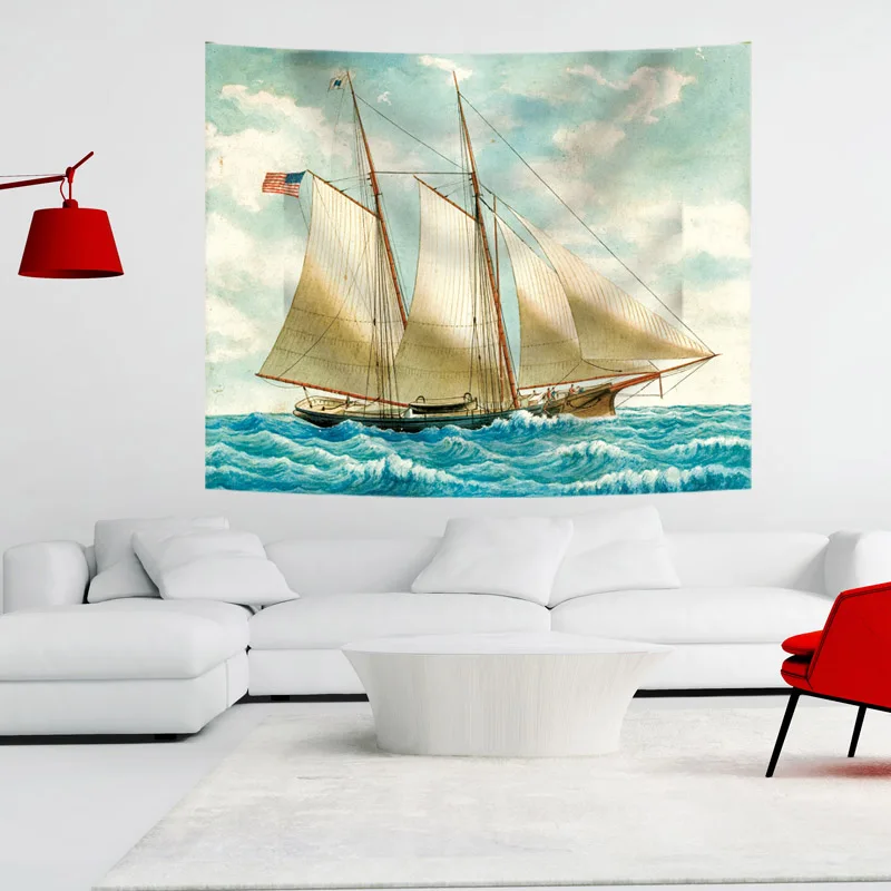 

Seascape Sailboat Polyester Pattern Tapestry Beach Throwing Mat Yoga Carpet Wall Hanging Minimalist Home Decoration Art