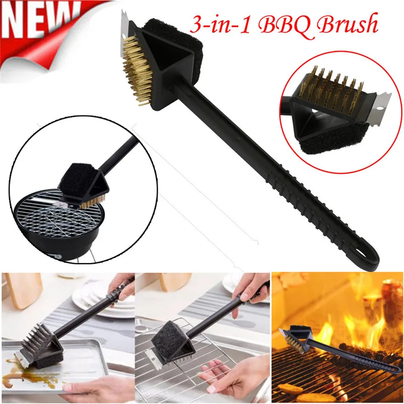 2018 New 3 in 1 Stain Steel Bristle Brush BBQ Grill Steel Scraper Edge