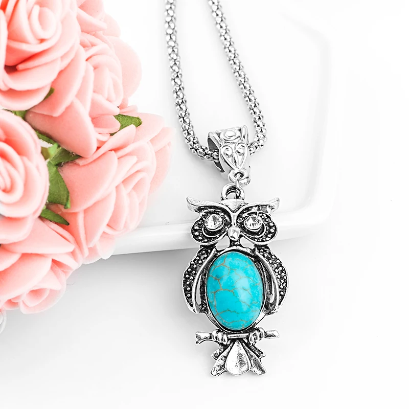 SHUANGR богемный кристалл глаза Сова Шарм женский кулон Синий Серебряный с натуральным камнем цвет цепи ожерелье ювелирные изделия