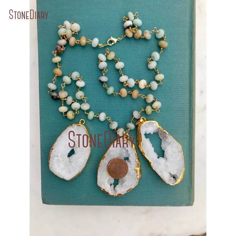 

Beaded Necklace White Druzy White Geode Necklace Long Beaded Necklace Boho Amazonite Rosary Druzy 32inch NM14795
