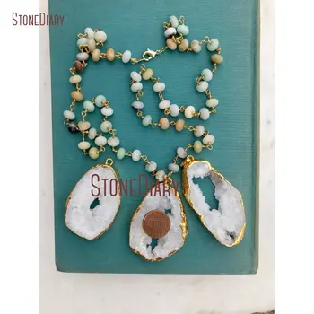 

Beaded Necklace White Druzy White Geode Necklace Long Beaded Necklace Boho Amazonite Rosary Druzy 32inch NM14795