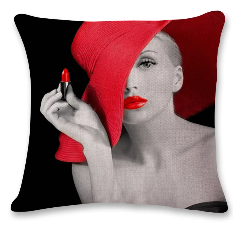 Модный и сексуальный пламенный Красный губ молодой женщины Лен держит Наволочки Чехол для дивана
