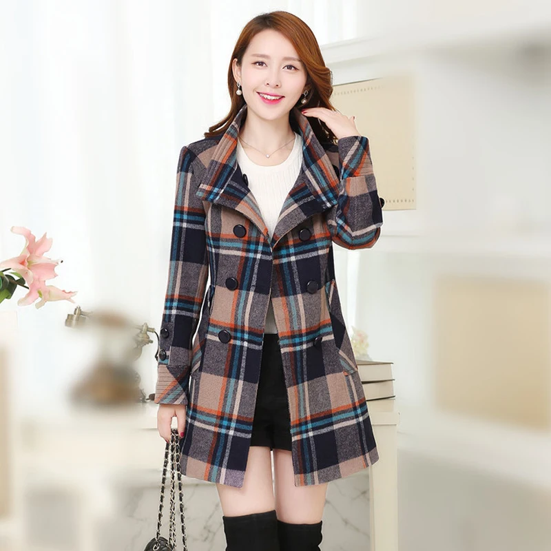 

New autumn and winter women Double-breasted woolen coat women's long plaid cashmere coat Slim Keep warm Woolen Jacket
