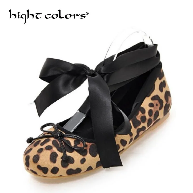 

US 17 Leopard Women's Strappy Leopard Round Toe Ballet Flat Causal Shoes Loafers Ribbon Moccasins Shoes For Women Cross Straps