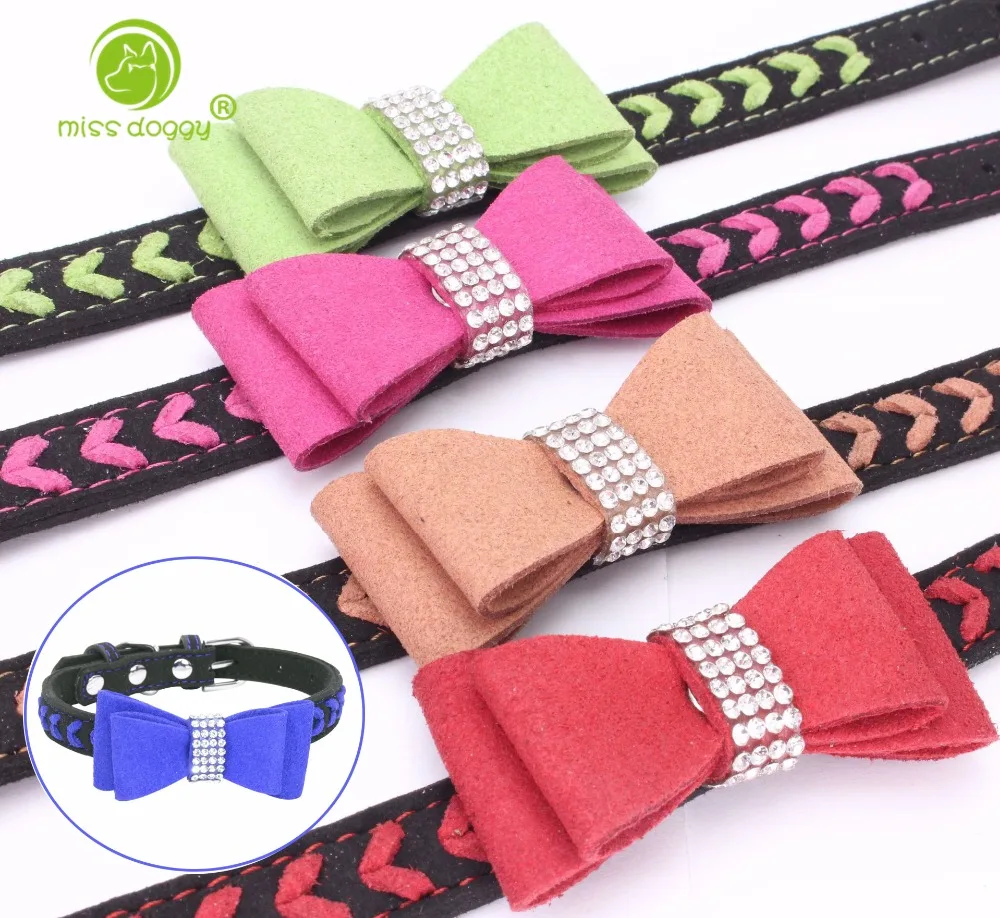 9 Colors Cute Bow Dog Collars Adjustable Padded Soft Leather Handmade