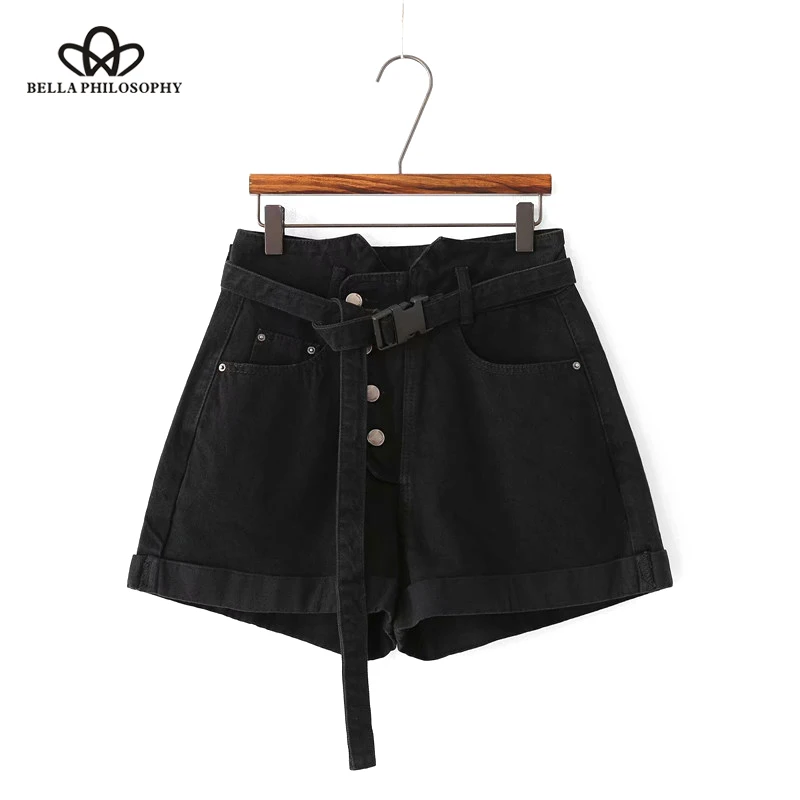 Summer Shorts Women Vintage Casual Black Buttons Sashes Denim High Waist Mini Shorts Feminino Straight Shorts Wonder Store