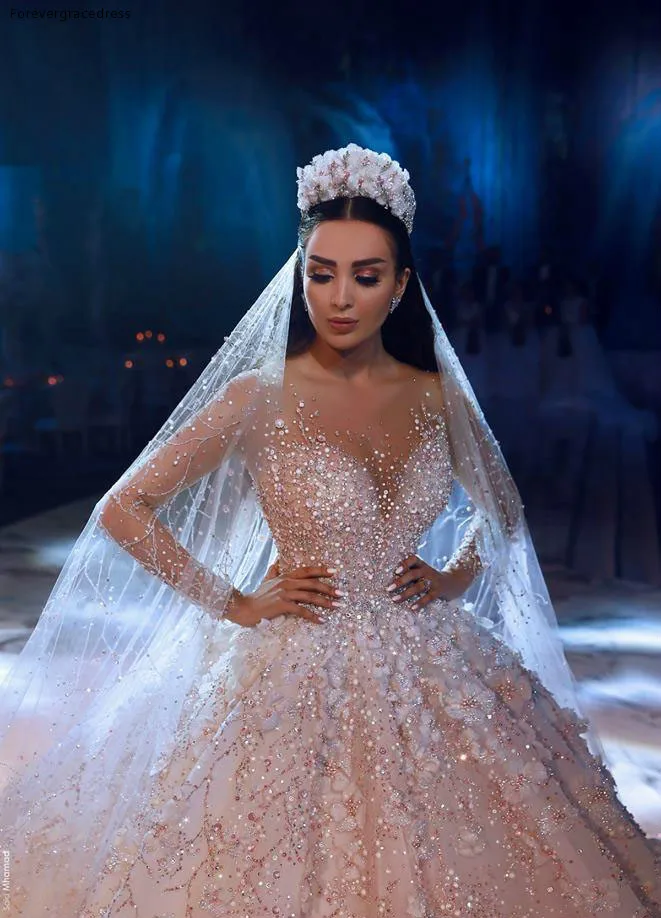 Glamorous Luxury Dubai Arabic New Fashion Lace Ball Gowns Wedding Dresses Long Sleeves 3D Flowers Beading Wedding Dress Bridal Gowns BC0151  591 (3)