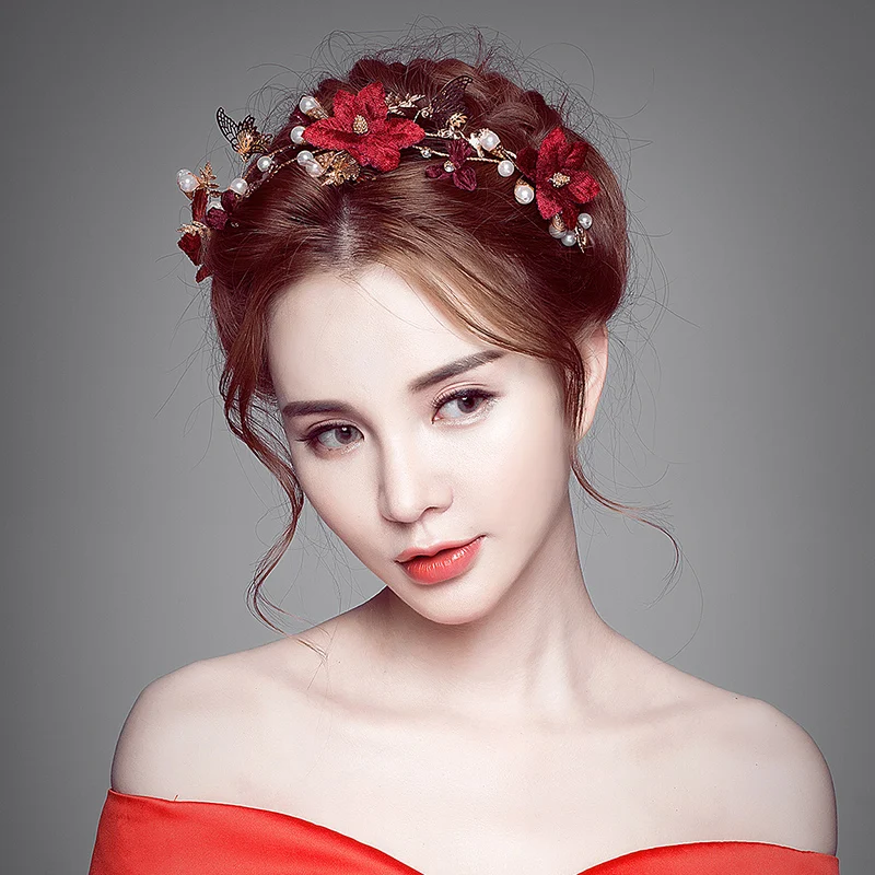 

Modest Red Floral Headband Princess Gold Color Butterfly Crown Tiara Bridal Headdress Girls Hair Accessories Wedding Bride Gifts