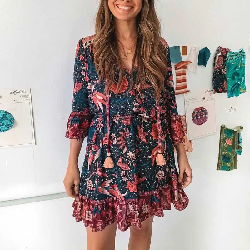 Kaufen BOHO INSPIRIERT dämmerung vögel mini boho kleid lose flare hülse V ausschnitt sommer kleid gypsy frauen kleid 2019 hippie chic kleid
