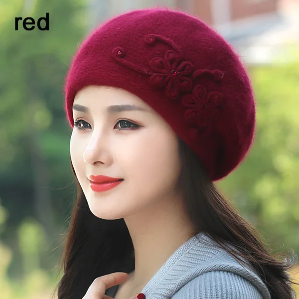 Женская шапка, зимний Ангорский берет, теплая вязаная повязка с цветами, повседневный мягкий классический теплый зимний аксессуар - Цвет: red