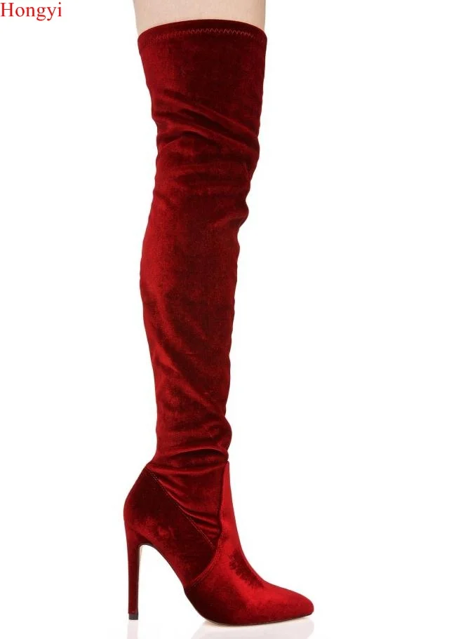 red over the knee high heel boots