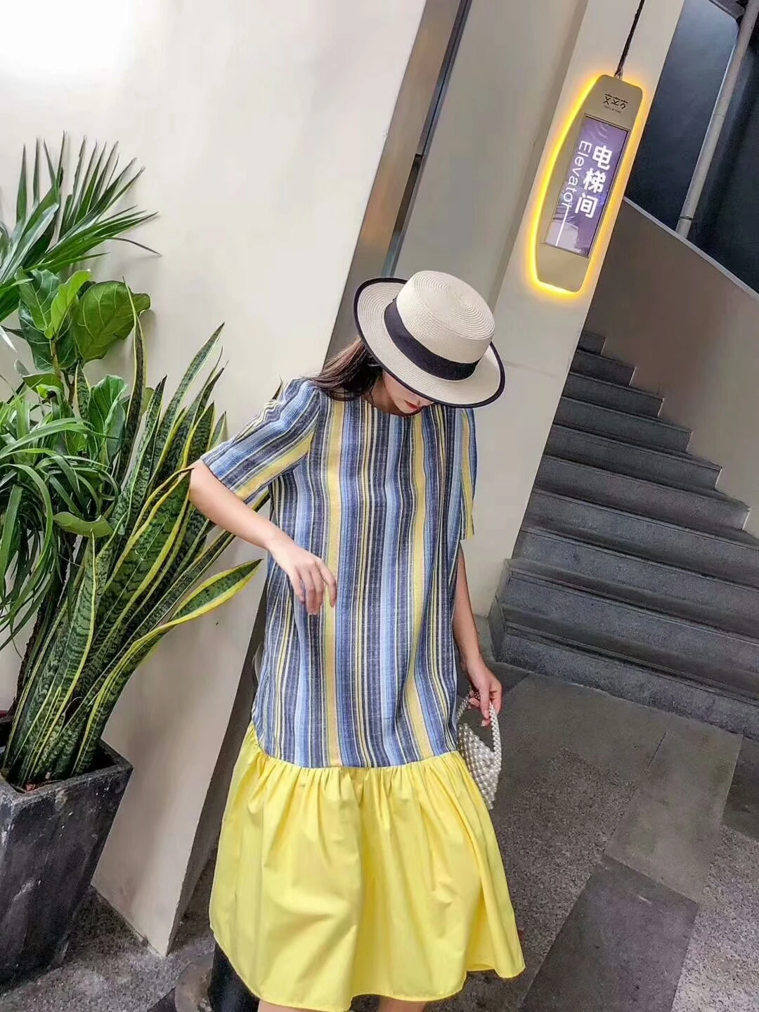 RUGOD Women patchwork striped dress o neck ruffles loose long dress new fashion female elegant chic mujer ladies korean robe