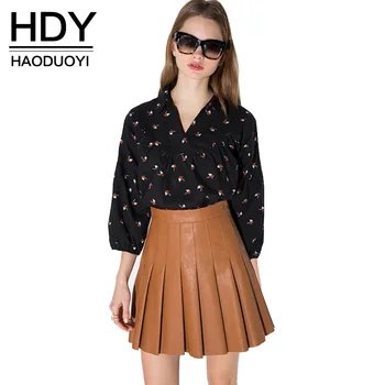 

HDY Haoduoyi 2020 Fashion PU Skirts Women High Waist Female A-line Skirts Sweet Preppy Style Solid Pleated Ladies Skirts