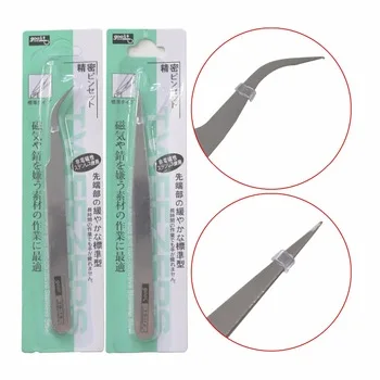 WUF 1 Pc Sliver Handle Stainless Steel Eyelash&amp;amp;Nail Art Curved Straight Tweezers Tool For Picking Rhinestones Gem Tools
