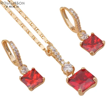 

Red Zircon Square design Gold Tone Earring Necklace Pendants for party and gift Fashion Jewelry Sets JS538