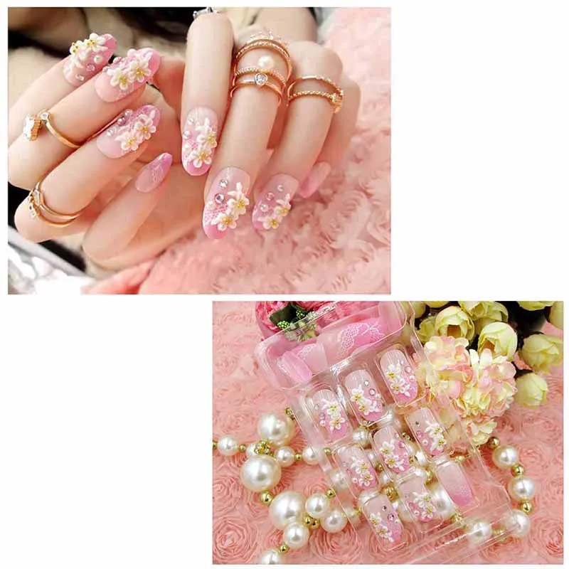24PCs  Nail Art Tool Pink Wedding Bride Full Nails Tips With Glue Flowers Shining 3D Diamond Rhinestone Fake
