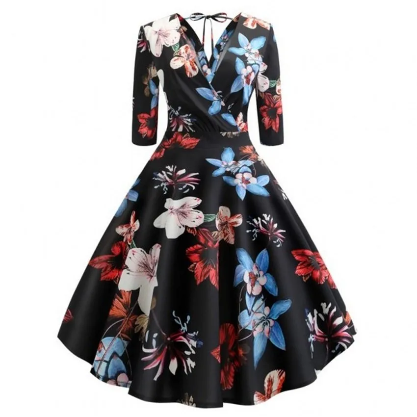 

Vintage Black 3/4 Sleeve Office Lady Floral Dresses V-Neck Workwear Dresses 2019 Women Casual Tunic Swing Dress