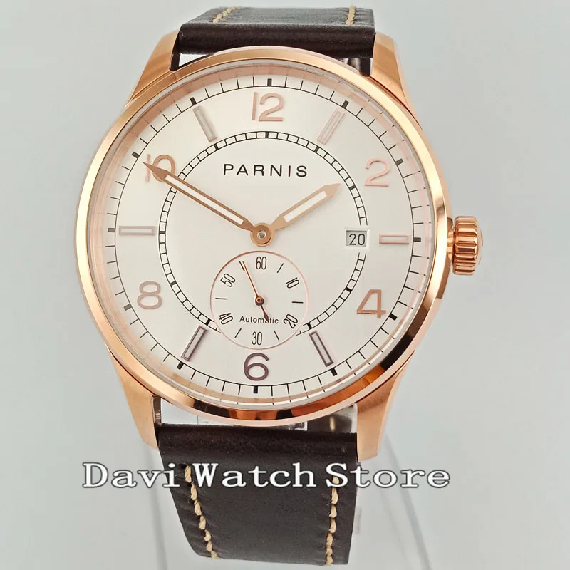 

41mm White Dial Parnis Rose Gold ST1731 Automatic Movement Date Mens Wrist Watch 2747
