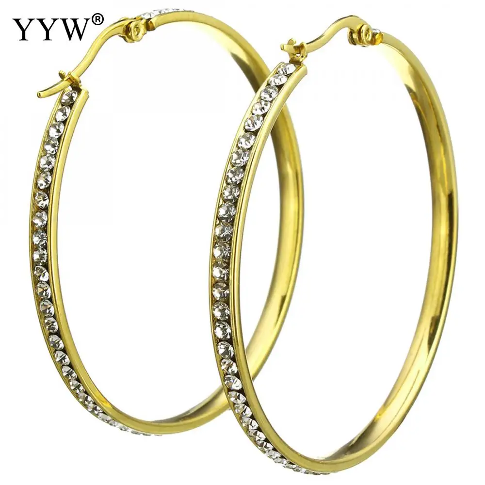 

YYW Punk Rock Gold-color Ear Loop Circle Hoop Earrings Rhinestone Crystal Stainless Steel Hoop Earring Pendientes Jewelry Women
