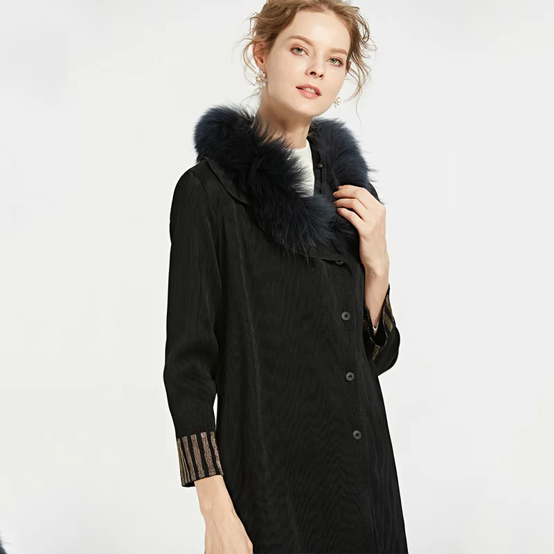 Marée Tranchée De Mode Élastique Noir Single Changpleat Fourrure Grand Automne Nouvelle breasted Col Femelle Femmes Long Plissée Miyak Mince 2018 Manteaux 0vCHwqB