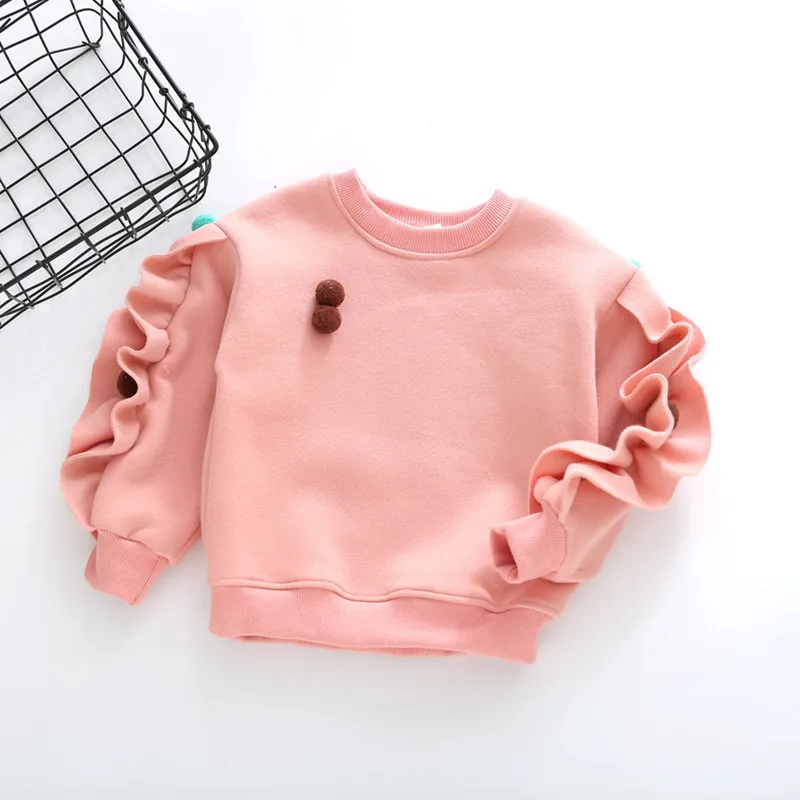 Детские свитшоты для девочек и одежда с капюшоном для малышей зимние детские пуловеры с длинными рукавами и милыми бархатными помпонами для принцесс Топы - Цвет: Pink