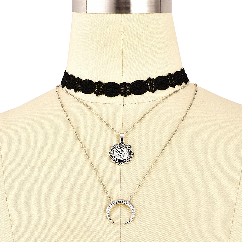 Women Multi-layer Necklace Pentagram Pendant Tassel Chain Lace Choker Wedding Jewelry | Украшения и аксессуары