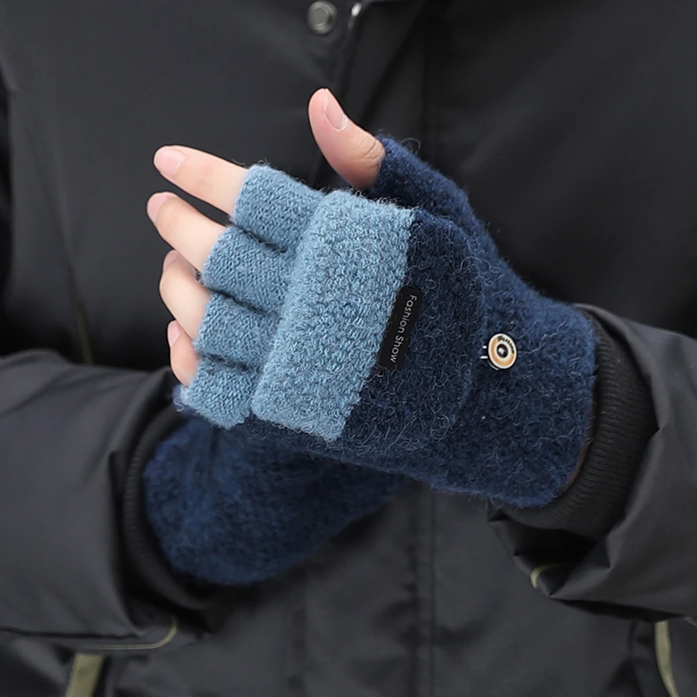 Man Cotton Wool Knitted Gloves Thickening Patchwork Flip Fingerless