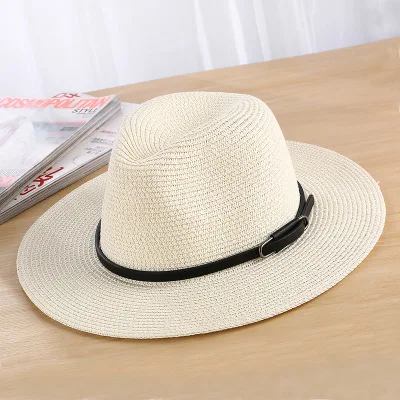 Летние шапки для мужчин и женщин, соломенная шляпа от солнца с широкими полями, с пряжкой на ремешке, Пляжная Панама джазовая, шляпа для женщин и мужчин - Цвет: milky white
