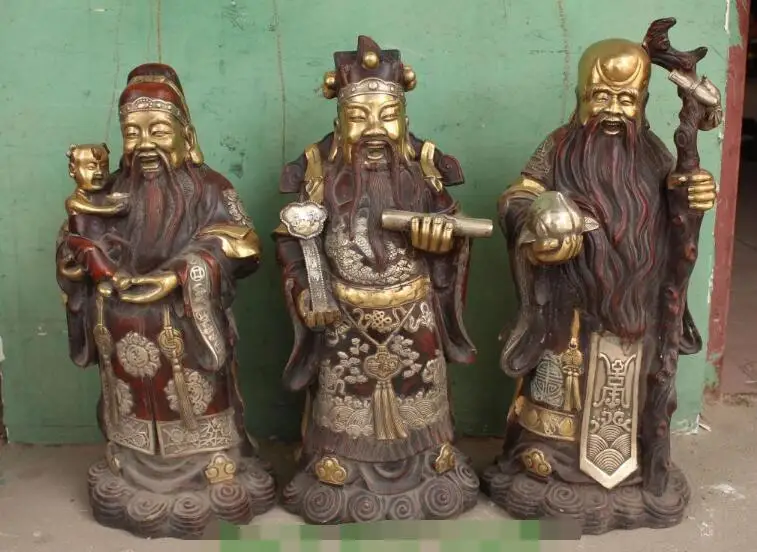 

S06471 China Silver Bronze Gilt Fu Lu Shou 3 Immortal God Dragon Ruyi Peach Statue Set