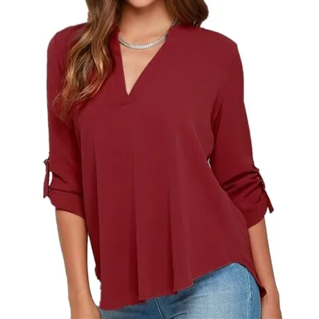Женские блузки, Свободные повседневные шифоновые блузки, женские рубашки с длинным рукавом и v-образным вырезом, блузки, топы, женские блузки размера плюс S-XXXXXL - Цвет: Red